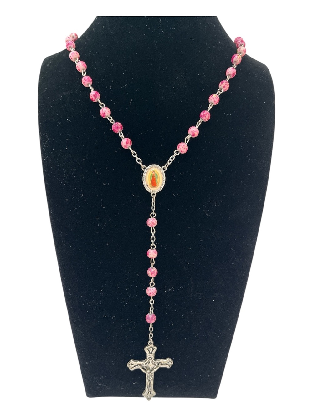 Rosary Crucifix INRI Necklace Pink Beaded Silver Tone Cross